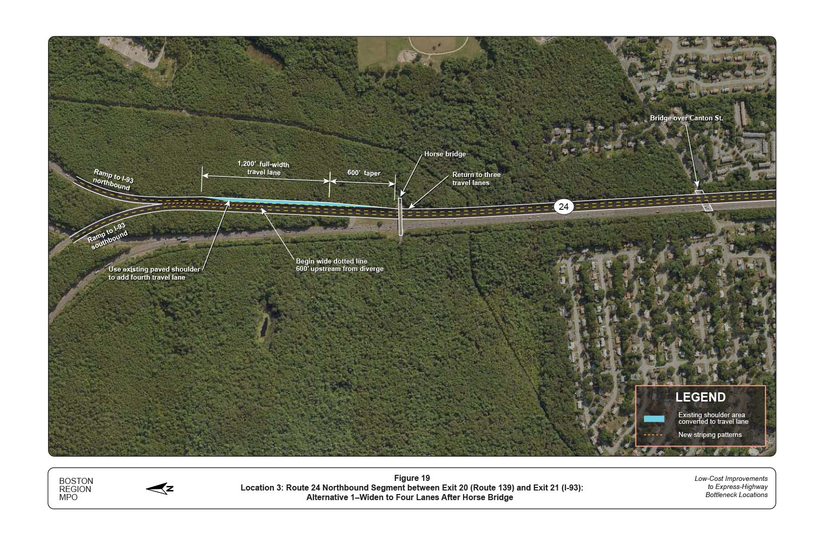 FIGURE 19. Location 3: Route 24 Northbound Segment between Exit 20 (Route 139) and Exit 21 (I-93): Alternative 1–Widen to Four Lanes After Horse Bridge
Figure 19 shows an alternative improvement in this location to address safety and operational issues at the bottleneck. The figure shows the widening of Route 24 northbound to four lanes for a stretch of approximately 1,200 feet between the I-93 interchange and the horse bridge.
FIGURE 19. Location 3: Route 24 Northbound Segment between Exit 20 (Route 139) and Exit 21 (I-93): Alternative 1–Widen to Four Lanes After Horse Bridge
Figure 19 shows an alternative improvement in this location to address safety and operational issues at the bottleneck. The figure shows the widening of Route 24 northbound to four lanes for a stretch of approximately 1,200 feet between the I-93 interchange and the horse bridge.